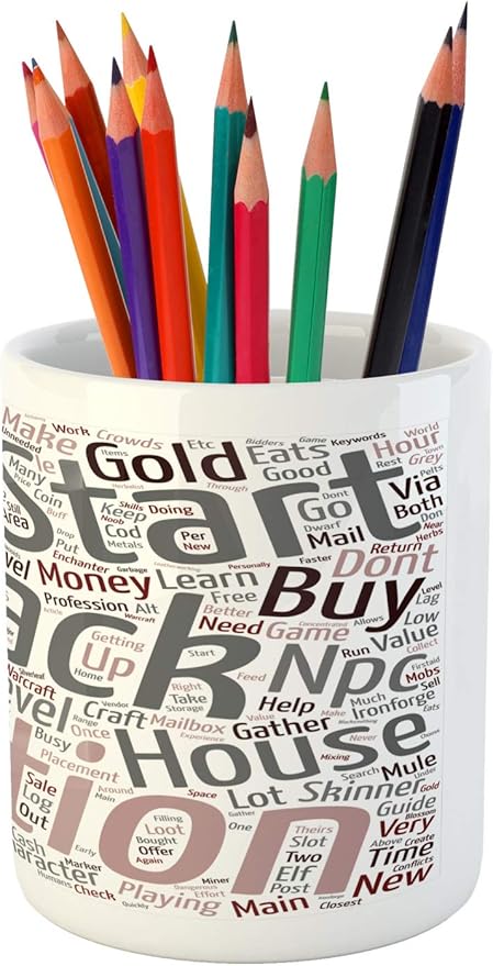 Ambesonne Video Game Pencil Pen Holder, Arrangement of Words Noob Guide Text Wordcloud Concept at Role Playing Game, Printed Ceramic Pencil Pen Holder for Desk Office Accessory, White Gray Pink