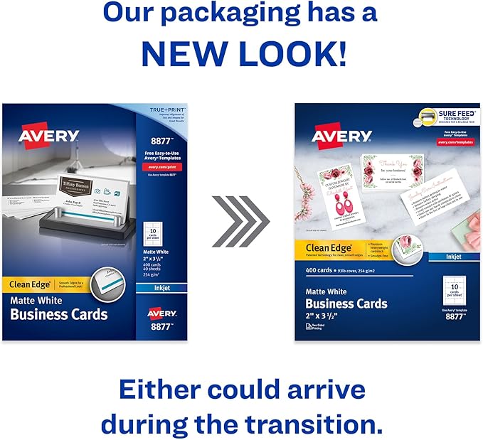 Avery Clean Edge Printable Business Cards with Sure Feed Technology, 2" x 3.5", White, 400 Blank Cards for Inkjet Printers (08877)