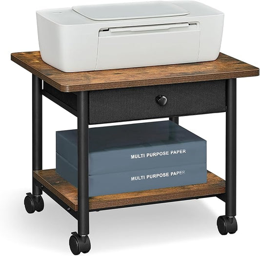VASAGLE Heavy-Duty Printer Stand with Locking Wheels, 2-Tier with Drawer Industrial Mobile Cart with Storage Shelf, Printer Table for Home, Office, 15.6" Height, Rustic Brown and Black UOPS004B01