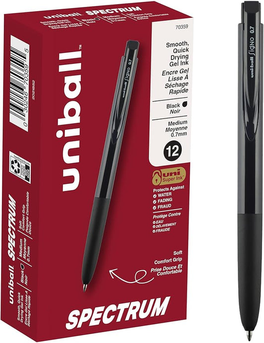 uniball Spectrum Retractable Gel Pens, Medium Point (0.7mm), Black Ink, 12 Pack