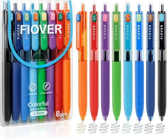 FIOVER Colored Gel Pens, 0.5mm Quick Dry Ink Fine Point Smooth Writing Colorful Pens for Journaling, School Supplies, Gifts for Nurses and Teens, Stocking Stuffers for Women (8PCS)