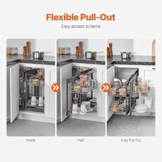 VEVOR Min 15" W Opening Blind Corner Pull Out Organizer, 2 Tier 4 Shelf Kitchen Cabinet Organizer, Chrome Carbon Steel Storage Basket, Slide Out Storage Organizer, Left & Right Open Compatible