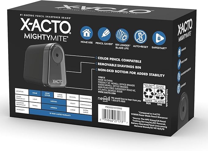 X-ACTO Pencil Sharpener, Mighty Mite Electric Pencil Sharpener, With Pencil Saver®, SafeStart® Motor, Black, 1 Count - Home, Office, School, Teacher Supplies