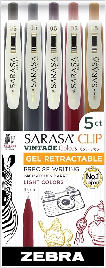 Zebra Pen Sarasa Clip Retractable Gel Pen, 0.5mm Fine Point, Assorted Vintage Light Ink Colors, Water Based, Ideal for Office and School, Journal, Note Taking and Planner Use, 5-Pack (47445)