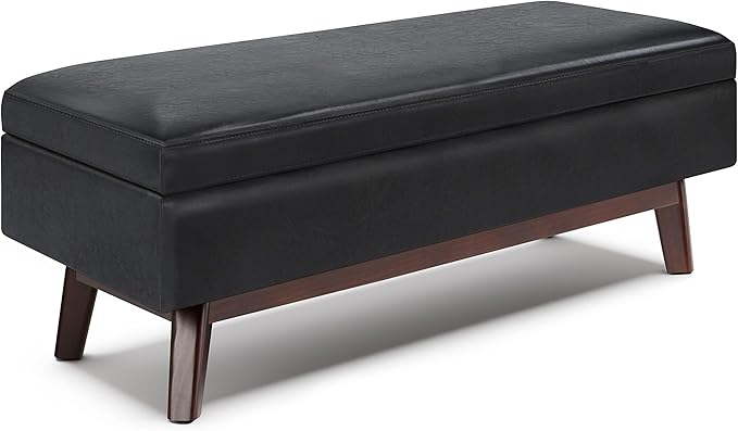 SIMPLIHOME Owen Rectangular Storage Ottoman - 48 inch Wide Upholstered Vegan Leather Lift-Top Ottoman in Midnight Black, Mid-Century Modern Ottoman for Living Room with Tufted Detail