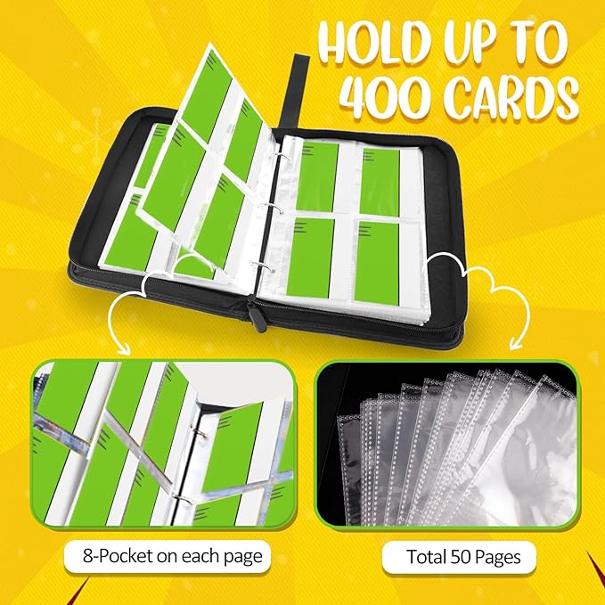 Card Binder 4 Pocket, Collectible Trading Card Albums Fits 400 Cards with 50 Removable Sleeves, Portable Trading Card Binder Collection Album Holder, Game Card Case book With Zipper for Gifts, L-Green