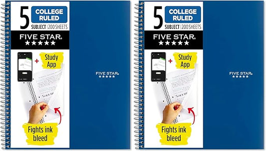 Five Star Spiral Notebook + Study App, 5 Subject, College Ruled Paper, Fights Ink Bleed, Water Resistant Cover, 8-1/2" x 11", 200 Sheets, Blue (73635) (Pack of 2)