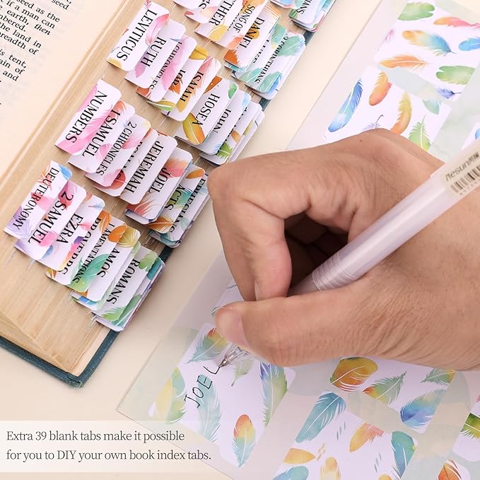 Bible Tabs For Women, 66 Large Print Laminated Bibles Chapters Index Tabs and 39 Blank Dividers Sticky Labels, Cute Beauty Feather Bible Study Supplies, Journaling Accessories, Christian Gifts for Men