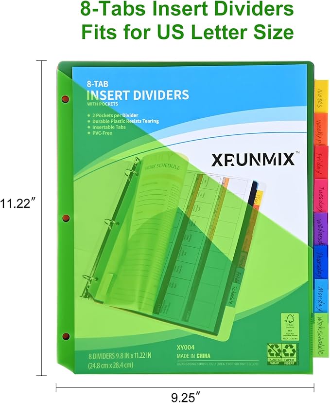 8-Tab Binder Dividers - Index Pockets Divider for 3 Ring Binders, 3-Hole Plastics Sheets Protectors for US Letter Size in 0.5'', 1'', 2'', 3 inch Binders, 8 Colors (XY004) (2 Packs)