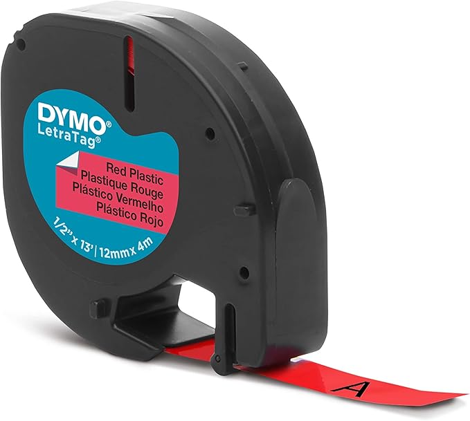Dymo S0721630 LetraTag Plastic Tape, Self-Adhesive, 12 mm x 4 m Roll - Black Print on Red
