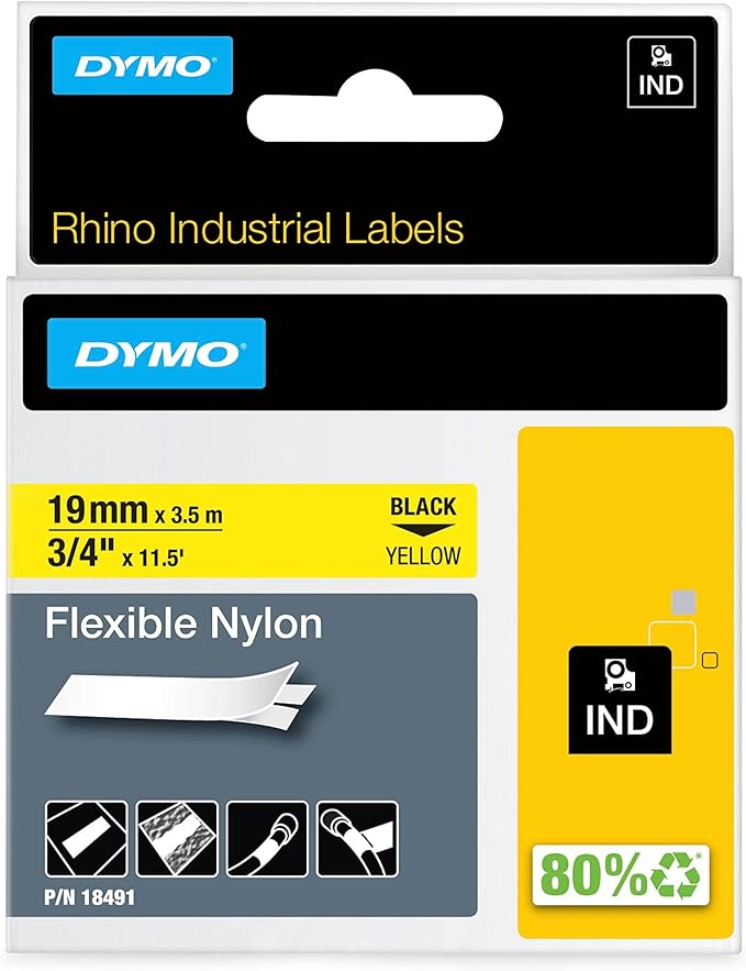 DYMO Rhino Industrial Flexible Nylon Labels 3/4" x 11.5' Black Print on Yellow Tape