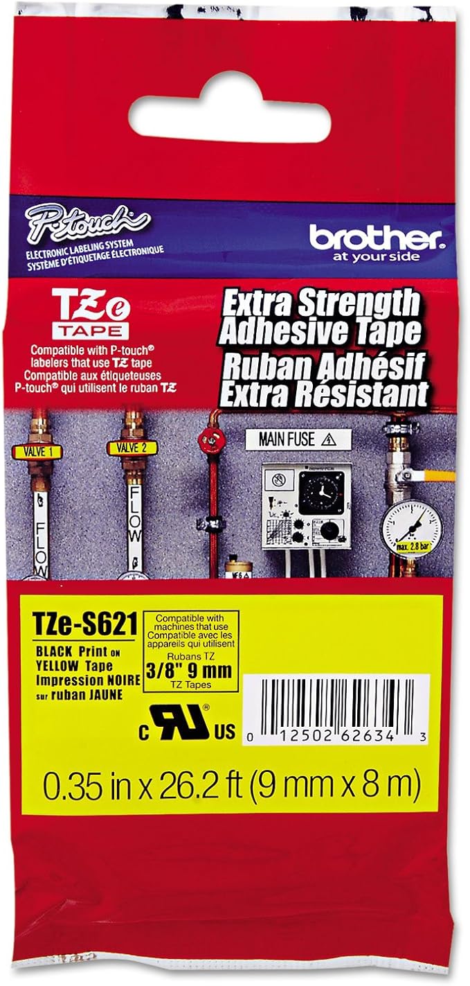 Brother TZES621 TZe Extra-Strength Adhesive Laminated Labeling Tape, 3/8-Inch w, Black on Yellow