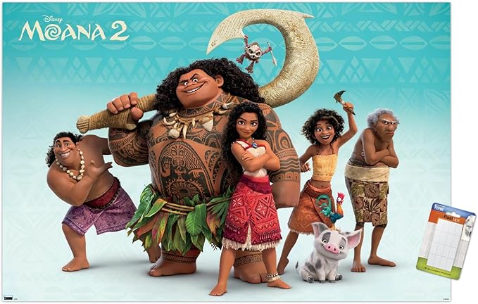 Disney Moana 2 - Group Wall Poster, 22.4L" x 14.7W", Premium Poster & Mount Bundle