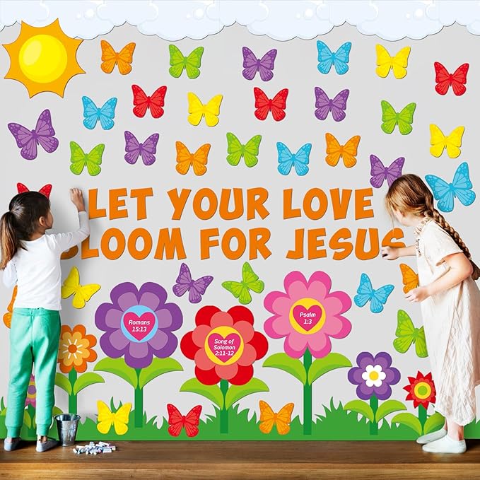 97 Pcs Christian Bulletin Board Decorations Let Your Love Bloom for Jesus Bulletin Board Sets Religious Faith Flower Butterfly Cutout for Summer Church Sunday School Classroom Wall Decor