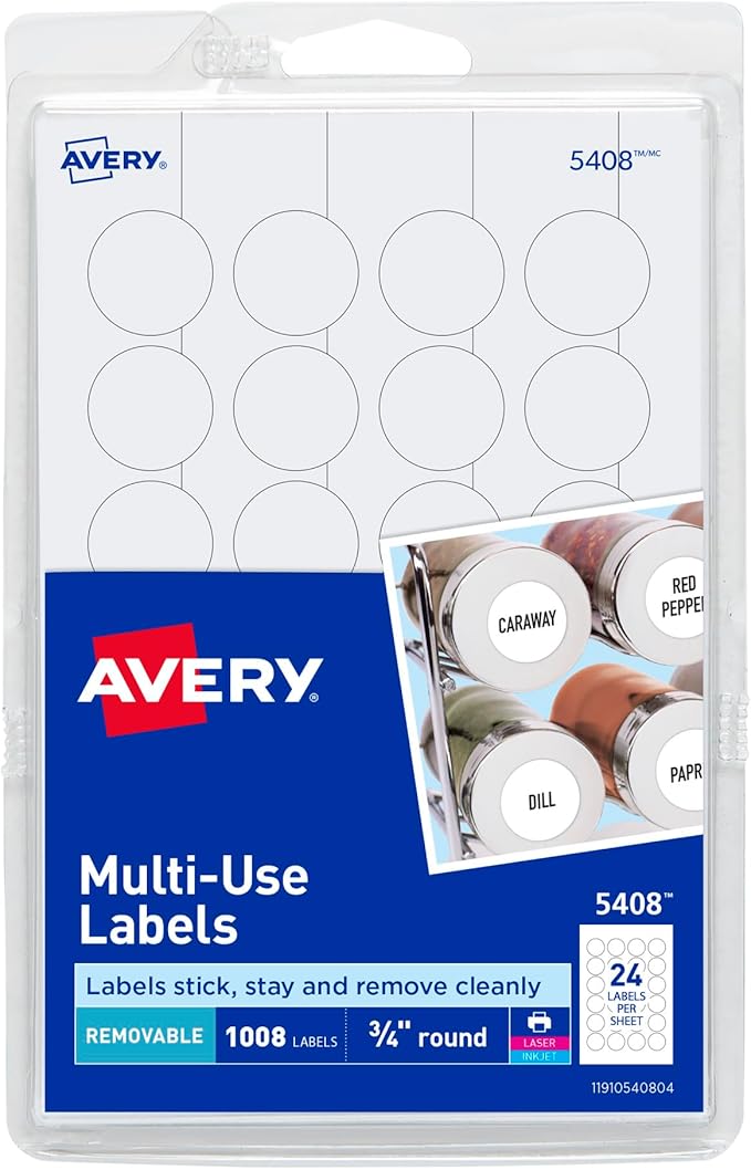 Avery Removable Print or Write Labels for Laser and Inkjet Printers, 0.75 Inches, Round, Pack of 1008 (5408)