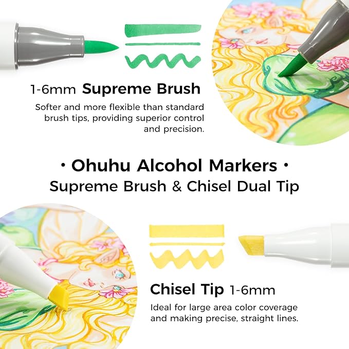 Ohuhu Brush Markers Honolulu Plus: 24-color Supreme Brush& Chisel Dual Tips Alcohol-based Art Marker Set for Artist Adult Coloring Book Illustrations- Refillable