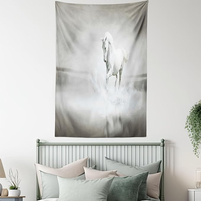 Ambesonne Horses Tapestry, Wild Horse Running Through Water Dramatic for the Motivation of Life Art, Wall Hanging for Bedroom Living Room Dorm Decor, 60" X 80", Black and White
