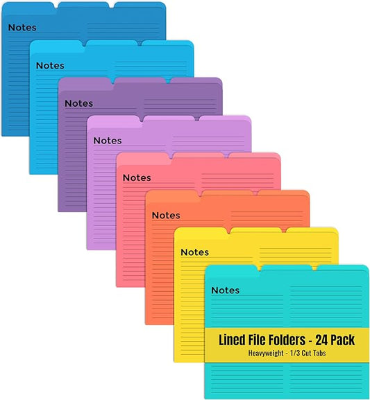 Better Office Products Lined File Folders, 24 Pack, Notes Tabbed File Folders, 1/3 Cut Tabs, 8 Vibrant Colors, Heavyweight, Letter Size Folders, 9.5" x 11.5", Left/Center/Right Set Per Color,