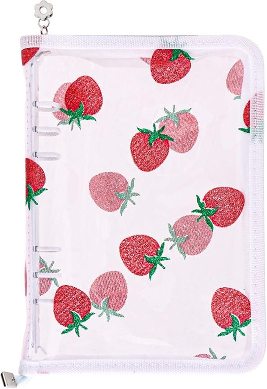 AxeWoodz White A5 Zipper Binder Clear Refillable Notebook Shell Cute Strawberry Lace Cover 6 Ring PVC Binder Cover for Photocard Planner Journal Photo Album