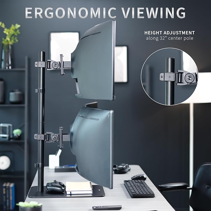 VIVO Freestanding Dual Vertically Stacked Ultra-Wide Monitor Desk Stand, Extra Tall Heavy Duty Adjustable Mount for 2 Ultrawide Screens up to 49 inches, 44 lbs Per Screen Capacity, Black, STAND-V202L