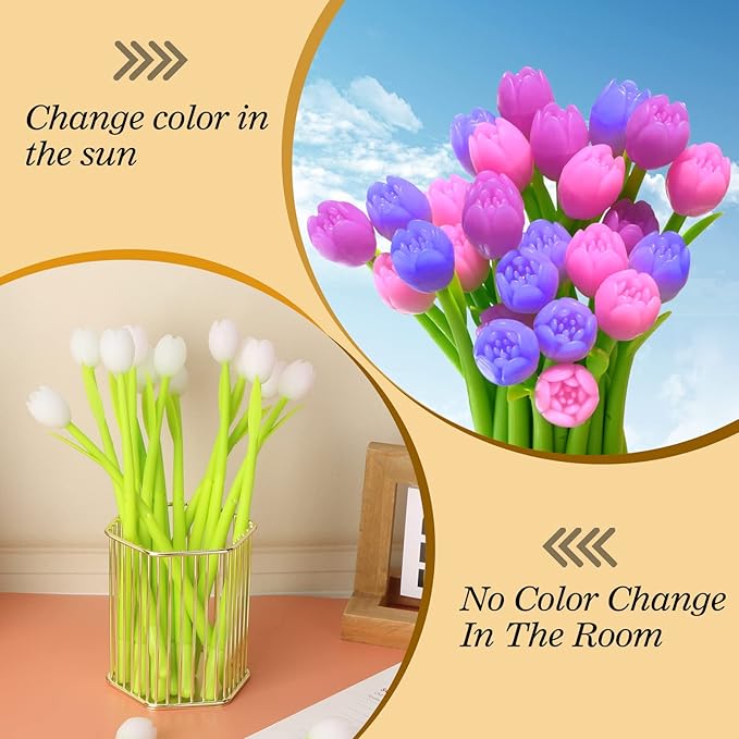 Color Changing Flower Pens - Pack of 30 Ballpoint Pens Creative Gel Ink Rollerball Pen for School Home Office Stationery Store Kids Girls Gift, Black 0.38mm (Tulip)