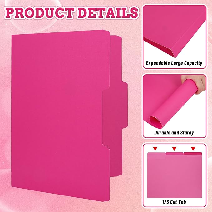 Whaline 24 Pack Hot Pink File Folders Letter Size 6 Colors Gradient Pink File Pockets with 1/3 Cut Tab for Home Office Classroom Supplies, 8.9 x 11.6 Inch