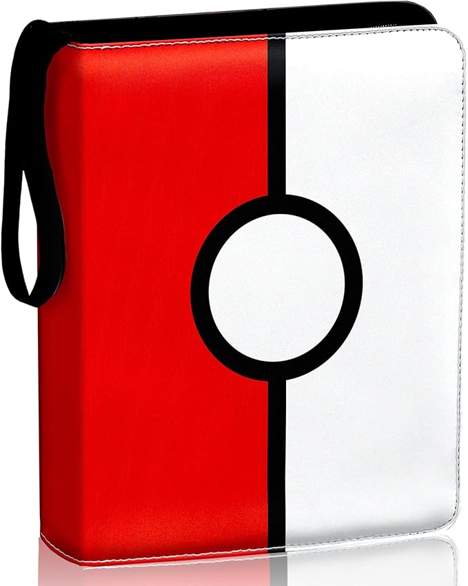 Card Binder 13"x10.5"x1.8", PU Leather Zipper Case with Handle, 9 Pocket Double Sided Pages, Holds 900 Cards, Red White Design, 3 Ring Binder with Velvet Liner for Collectible Cards