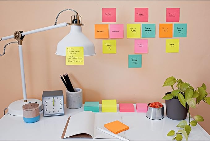 Post-it Super Sticky Notes, 3x3 in, 4 Pads, 2X The Sticking Power, Miami Collection, Neon Colors (Orange, Pink, Blue, Green), Recyclable(3321-SSAN-B)