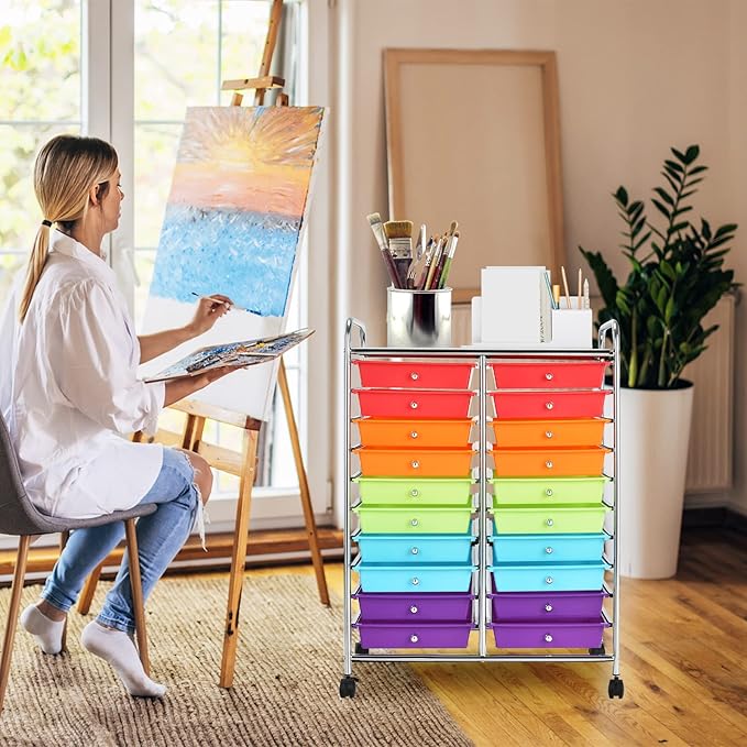 COSTWAY 20-Drawer Rolling Storage Cart, Utility Storage Organizer Cart for Tools, Scrapbook, Paper, Craft, Multipurpose Storage Trolley on Wheels for Home Office School (Multicolor)