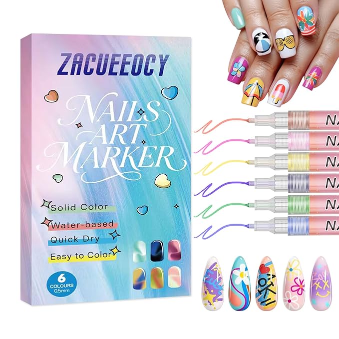 Nail Art Pen Set, 6 Colors, Water-Based Quick Dry Art Pens, 0.7mm Fine Point, Professional Manicure Drawing Tools for DIY Design