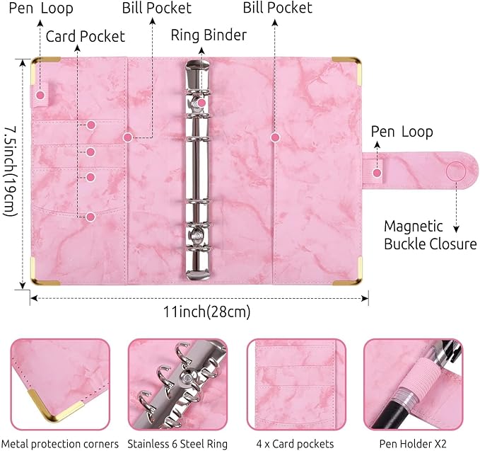 SKYDUE Budget Binder, Money Saving Binder with Zipper Envelopes, Cash Envelopes and Expense Budget Sheets for Budgeting (Mabblepink)