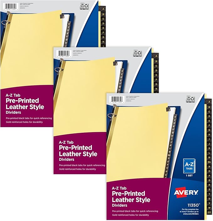Avery A-Z Dividers for 3 Ring Binders, 25 Tabs per Set, Pre-Printed Black Leather Tabs, Great for Organizing Records, Reports, Finances, and Other Important Documents (3 Sets of 21350)