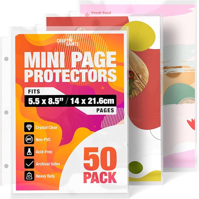 Half Letter 8.5x5.5’’ Pack of 50 Heavy Duty Page Sleeve Protectors for Mini 3-Ring Binders, Top Loading Crystal Clear & Archival Safe Refill Sheets, Acid-Free & Reinforced Holes