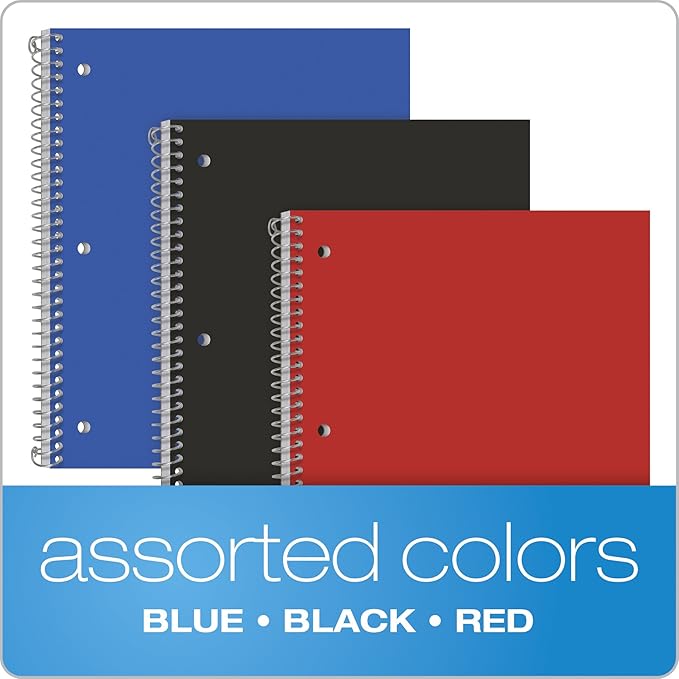 Oxford Spiral Notebooks, 1 Subject, College Ruled Paper, Durable Plastic Cover, 100 Sheets, Durable Divider Pocket, 3-Hole Punch, 3 Pack, Red, Black and Blue (10390)