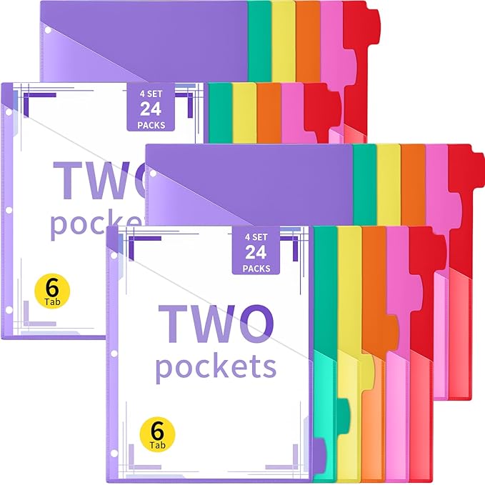 Epakh 24 Pcs Binder Dividers for 3 Rings Binders Index Dividers with Two Clear Pockets Plastics Sheets Protectors with Tab Labels for School Office Organization (Colorful)