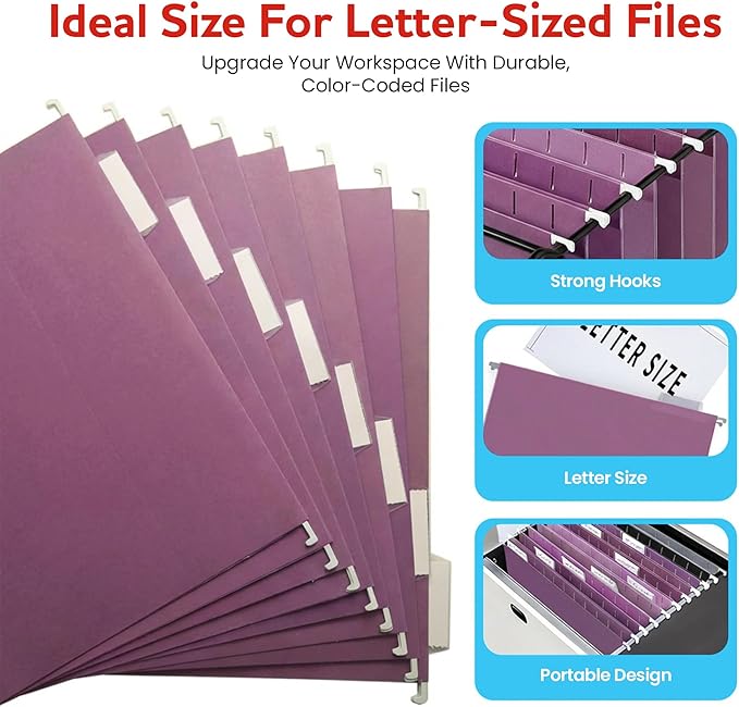Purple Hanging File Folders – 8 Pack, Letter Size File Organization Folders for Home, Office, School & Filing Cabinets