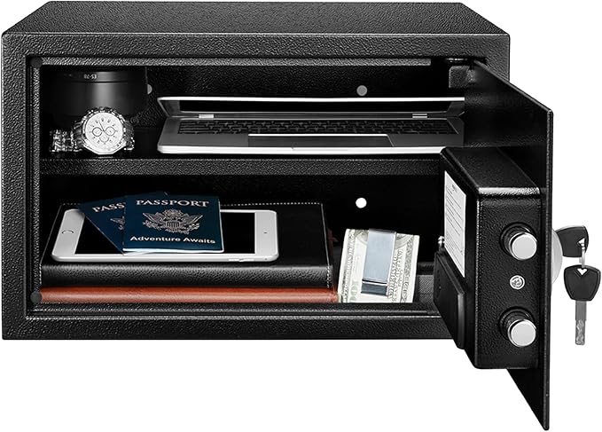 Amazon Basics Steel Security Safe and Lock Box with Digital Keypad, Easy to Use, Removable Shelf, Secure Cash, Jewelry, Documents, Black, 1.2 Cubic Feet, 16.9-x-14.6-x-10.6-inches (WxDxH)