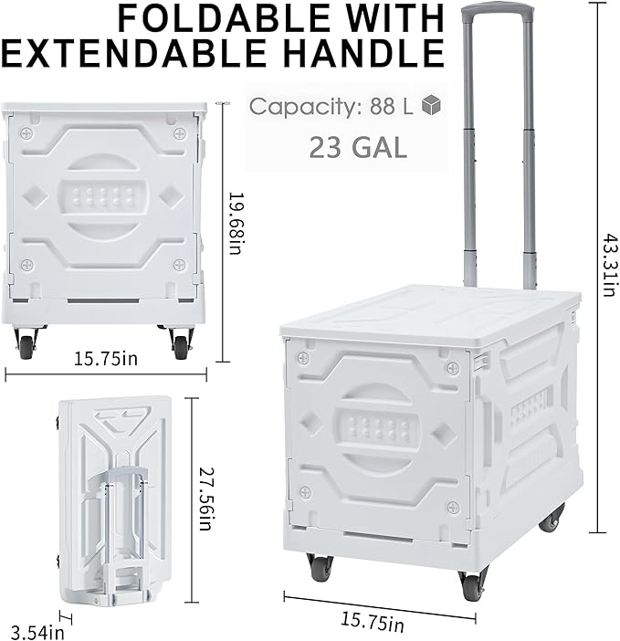 VECELO Foldable Shopping Cart with Wheels, Collapsible Rolling Crate for Groceries, Folding Storage Box with Handle, Three Modes of Use, Ideal for Teacher, Trip, Outdoors, Etc., 23GAL, White