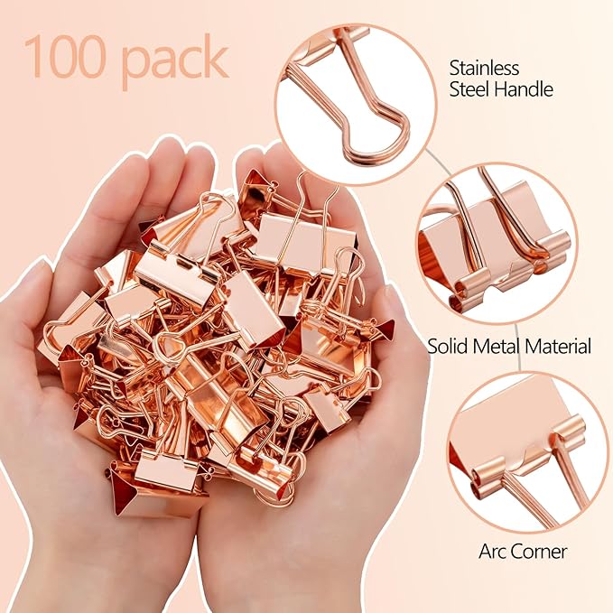 Binder Clip Paper Clamps, Assorted Sizes (Mini, Small, Medium, Large), 100 Pcs Clips for Office School Supplies (Rose Gold)