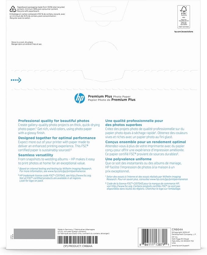 HP Premium Plus Photo Paper - Designed for HP Inkjet Printers, Glossy, 8.5x11 in, 50 sheets (CR664A) White (Pack of 5)