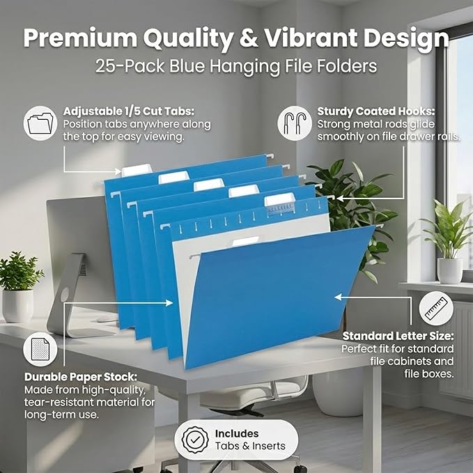 25 Packs Hanging File Folders,Blue Letter Size File Folder,Designed for Bulky Files,Filing Cabinet,1/5 Adjustable Cut Tabs for Office,School,Home