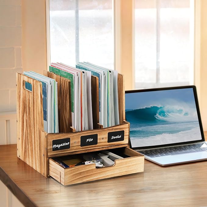 Wooden Desk File Organizer, Desktop Document Folder Holder with 3 Compartments and 1 Drawer, Desk Organizer Binder Rack with Chalkboard Label, Magazine Storage Box Mail Sorter for Office Home