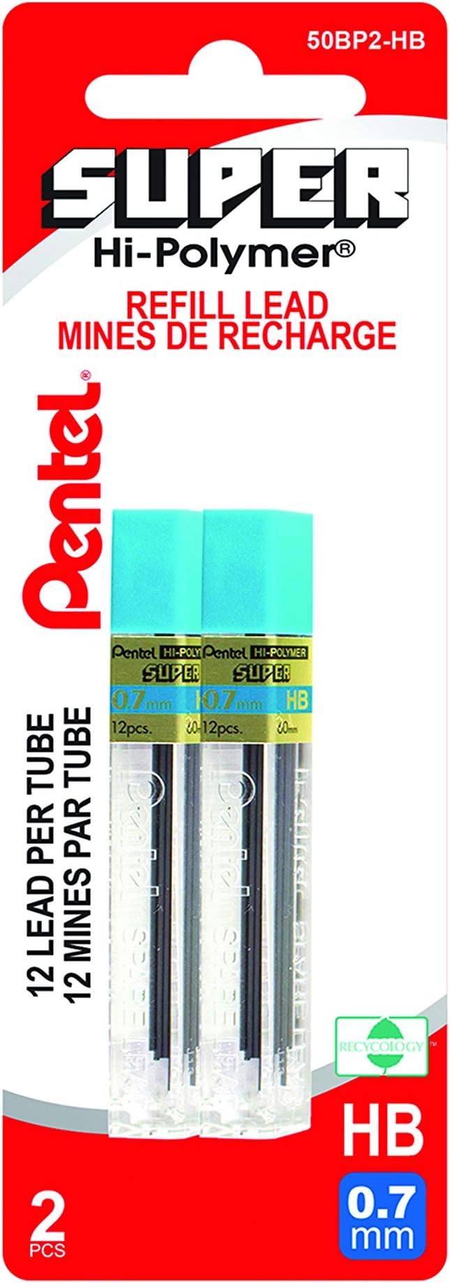 Pentel Super Hi-Polymer Lead Refills for Mechanical Pencils, 12 Leads Per Tube, HB Grade, 0.7mm, 2PC Pack