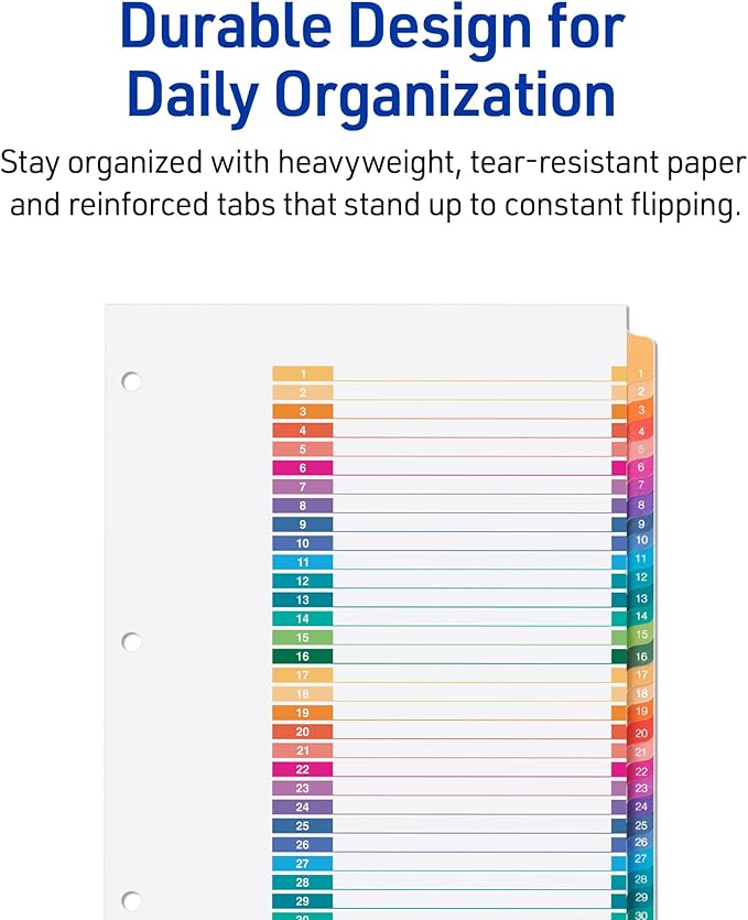 Avery 1-31 Dividers for 3 Ring Binders, 31 Tabs per Set, Customizable Table of Contents, Multicolor Tabs, Great for Organizing Reports, Projects, and More (12 Sets of 11129)