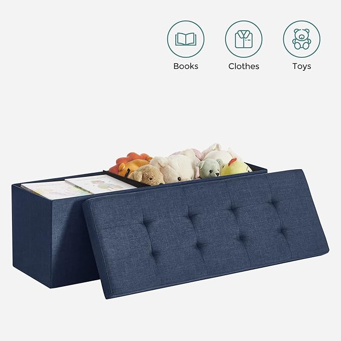 SONGMICS 43 Inches Folding Storage Ottoman Bench, Set of 2, Storage Chest, Foot Rest Stool, Bedroom Bench with Storage, Dark Blue, ULSF432Q01