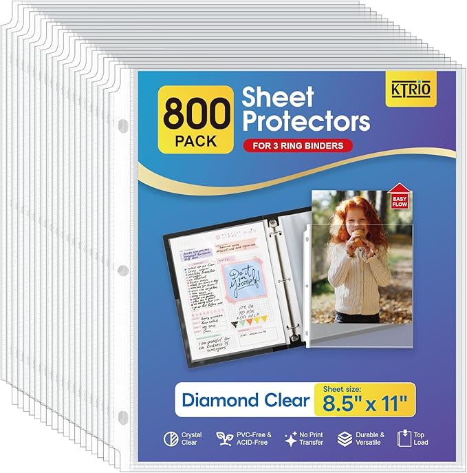 KTRIO Sheet Protectors for 3 Ring Binder 800 Pack, Clear Page Protectors 8.5 x 11, Plastic Binder Sleeves for Paper, Top Loading, Office Home School