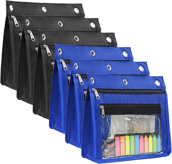 YoeeJob 6 Pack 1 Inch Expandable Zipper Pencil Pouches with Clear Window for 3 Ring Binder, Suitable for School & Office（Black+Blue）