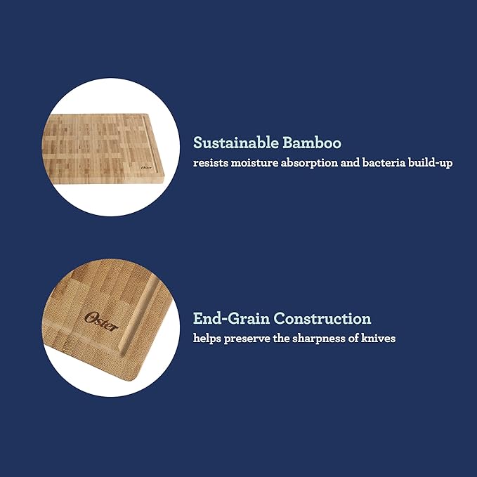 Oster Capeheart Rectangular End Grain Bamboo Cutting Board – 16.5" x 11.8" Wooden Durable Kitchen Chopping Carving Boards with Juice Grooves, Oil Finished