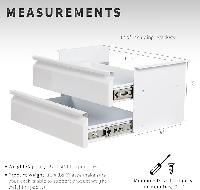 VIVO 16 inch Slide Out Dual Tier Desk Drawer, Under Desk 2 Layer Storage, White, DESK-DR02W
