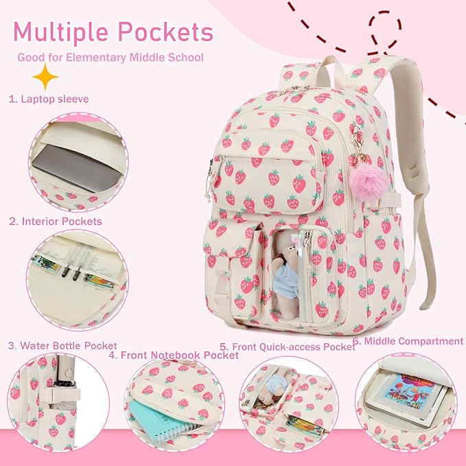 Corduroy Flower Backpack for Girls Teens School Bookbag with Lunch Box Pencil Case Laptop Sleeve Elementary Middle School Bag, Flower-Black
